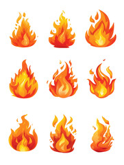 Nine diverse digital fire icons set against a transparent background. The icons vary in shape, size, and intensity, showcasing a range of flame styles, PNG