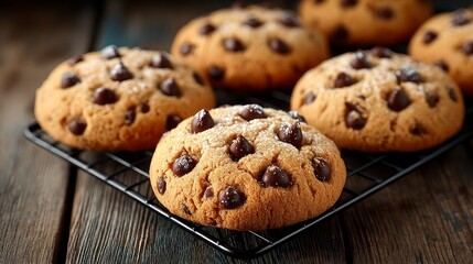 Close up view of freshly baked chocolate chip cookies cooling on a wire rack
