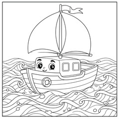 Fototapeta premium A cheerful cartoon sailboat with a smiling face glides over swirling waves, featuring a large sail, tiny flag, and bubbly water details—fun and friendly, perfect for coloring.