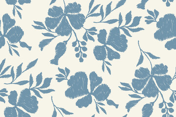 Vintage floral embroidery pattern with ikat flowers and paisley border seamless design. © opart