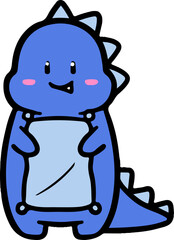 Cartoon illustration of a cute, smiling blue dinosaur holding a light blue banner or sign.