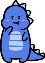 A cute, blue cartoon dinosaur contemplates, showcasing a playful and slightly mischievous expression.