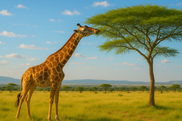 Fototapeta premium Tall giraffe feeding from acacia tree in african savannah landscape