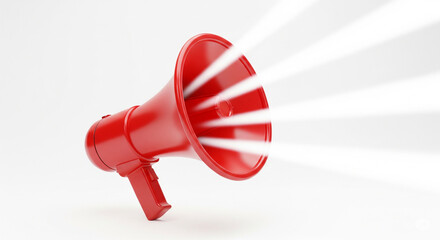 Red megaphone with sound waves for announcement and marketing on isolated transparent background.