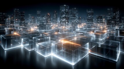 Fototapeta premium Futuristic cityscape with glowing glass cubes and illuminated skyscrapers against a dark background