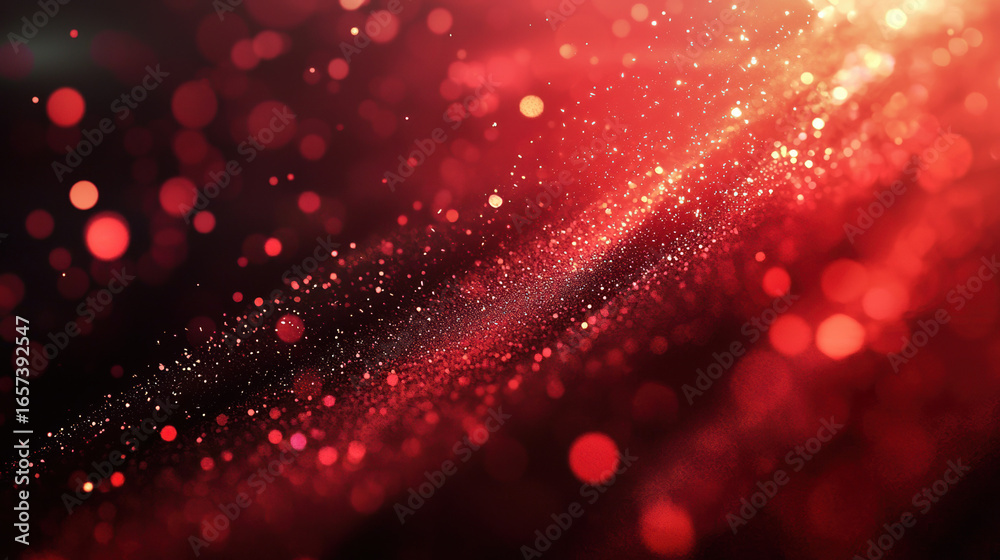 Poster a red background with particles or elements randomly drifting in space.