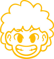 A vibrant yellow line illustration of a happy cartoon character with curly hair and a big, toothy grin.