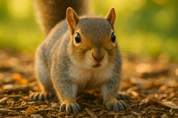 Obraz premium Curious squirrel standing on ground with blurred background in natural forest environment
