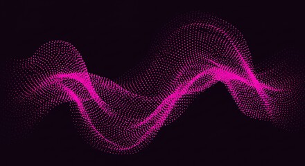 Futuristic stream of glowing magenta dots forming an abstract wave, representing cyber data, audio signals, and technology.