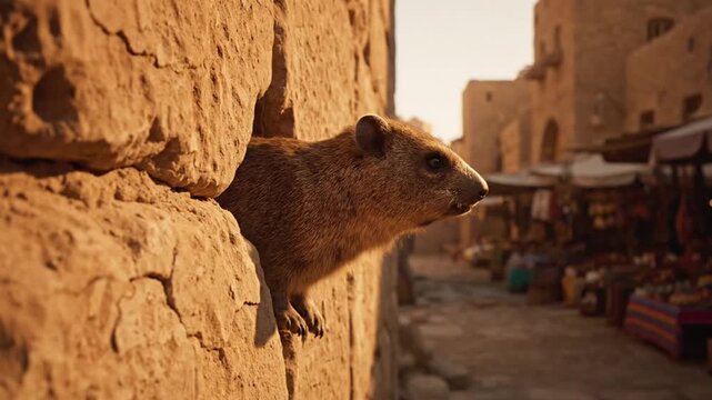 rock hyrax peeking from old stone wall market street