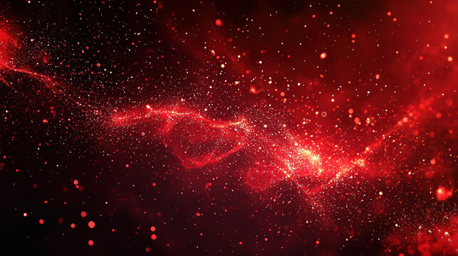 A red background with particles or elements randomly drifting in space. 