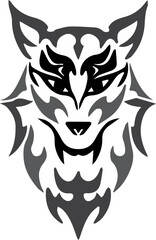 Stylized illustration of a wolf's head, featuring intricate tribal-inspired design elements and sharp details.