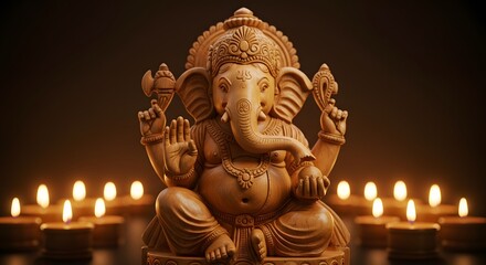 Fototapeta premium Wooden Carved Lord Ganesha Statue with Candlelight