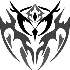 Stylized owl face design with tribal elements in black, white, and gray, creating a symmetrical and abstract animal illustration.