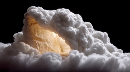 Textured beige rock formation glowing from within surrounded by fluffy white clouds against black