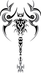 Stylized tribal scorpion design with intricate black and grey patterns, evoking a sense of power and danger.