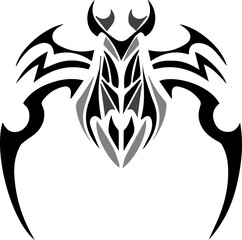 Symmetrical tribal art illustration featuring a stylized insect or beetle creature in black and grey tones.