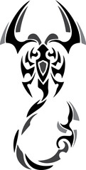 Tribal scorpion design, stylized and outlined in black and gray.