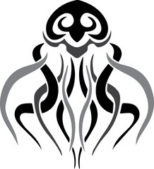A stylized, abstract illustration of a jellyfish-like creature with intricate, symmetrical designs.