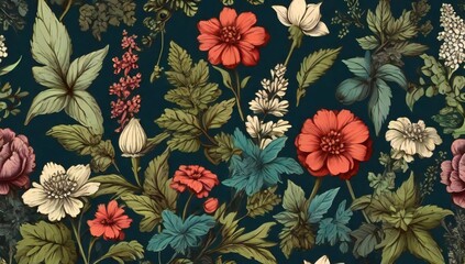 Vintage botanical floral pattern with rich dark background and vibrant blooms