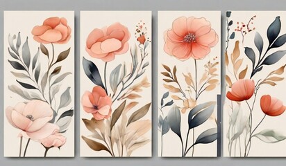 Four vertical panels of watercolor floral art with soft peach and pink blossoms and muted green leaves