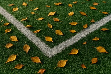 Golden autumn leaves scattered gracefully across a vibrant green artificial turf field space.
