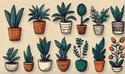 Collection of various potted houseplants with green leaves and decorative pots