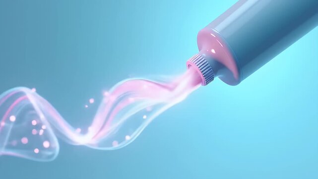 A toothpaste tube pouring out glowing liquid light instead of paste, floating in mid-air, symbolizing freshness and innovation in oral care.