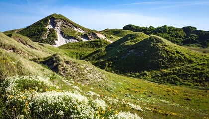 Obraz premium Picturesque sand dunes, lush green grass, wildflowers