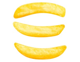 Three golden potato wedges, isolated on white