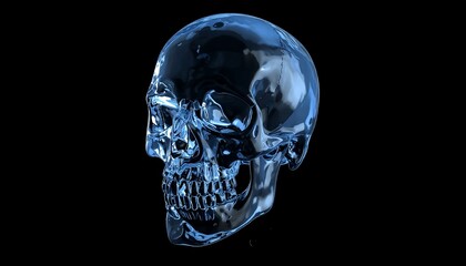 Translucent blue skull, three-quarter view against black background