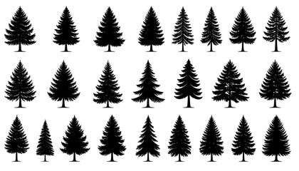 Fototapeta premium Diverse Collection of Black Fir Tree Silhouettes on White Background.
