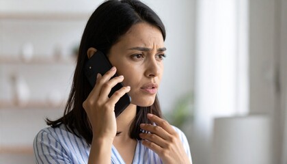Sad young hispanic female hold phone to ear discuss bad news with friend share emotional stress. Concerned patient call doctor speak on health complaints ask for advice. Detailed high quality image.