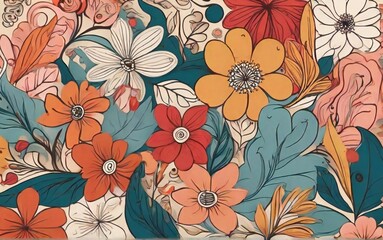 Vibrant retro floral pattern with large blossoms and leaves