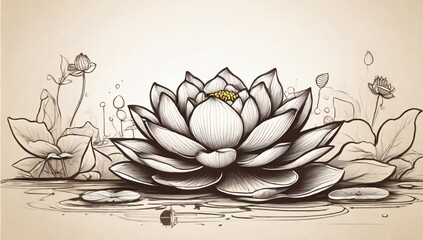 Detailed sketch of a blooming lotus flower with surrounding lily pads and buds