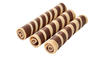 three brown striped wafer rolls on white background