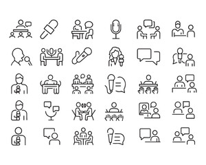 Fototapeta premium Set of outline icons related to interview. Linear icon collection