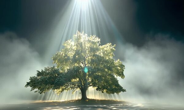 
A single tree stands in the middle of a dark forest, with light rays shining on it from above, 