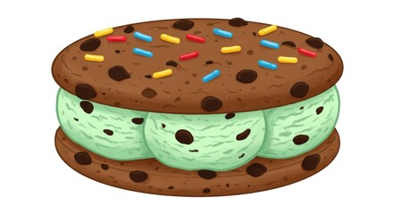 Cartoon Chocolate Chip Cookie Ice Cream Sandwich with Sprinkles on White