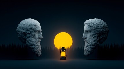 Two ancient stone heads facing a glowing lantern against a dark forest and bright moon