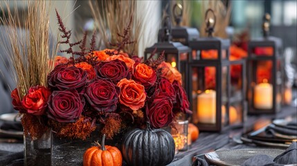 Modern Halloween flower arrangement centerpiece with dark red roses, pumpkin Jack-o'-lanterns,wheat stalks, rustic autumn home decor