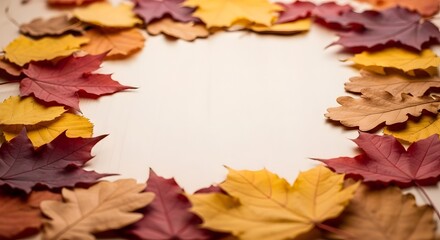Autumn leaves in vibrant fall colors frame a bright space for your seasonal message