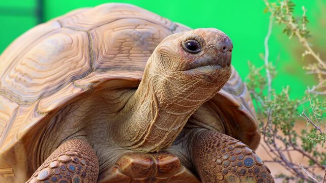 Close-up view of a large tortoise, showcasing its intricate shell patterns and attentive gaze.