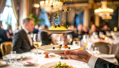 Golden Celebration: Elegant Dining Table with Glowing Orbs and Refined Place Settings, A Night of Luxury: Exquisite Table Arrangement with Shimmering Spheres and Candlelit Ambiance