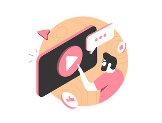 Video content marketing - user pressing play button on digital screen. Social media engagement with likes, comments and sharing. Video marketing isometric vector illustration