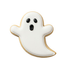 Obraz premium A delicious halloween ghost cookie decorated with white icing and black eyes, perfect for spooky celebrations and treats.