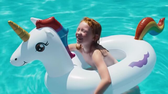 Smiling child floating on inflatable unicorn pool toy in a vibrant swimming pool on a summer day