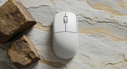 Minimalist white computer mouse on textured stone surface