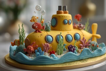 Delightful submarine cake with charming sea life decorations for a whimsical birthday celebration or under the sea themed party, a sweet treat