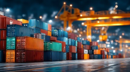 Stacked shipping containers at a port with cranes and lights at dusk cargo